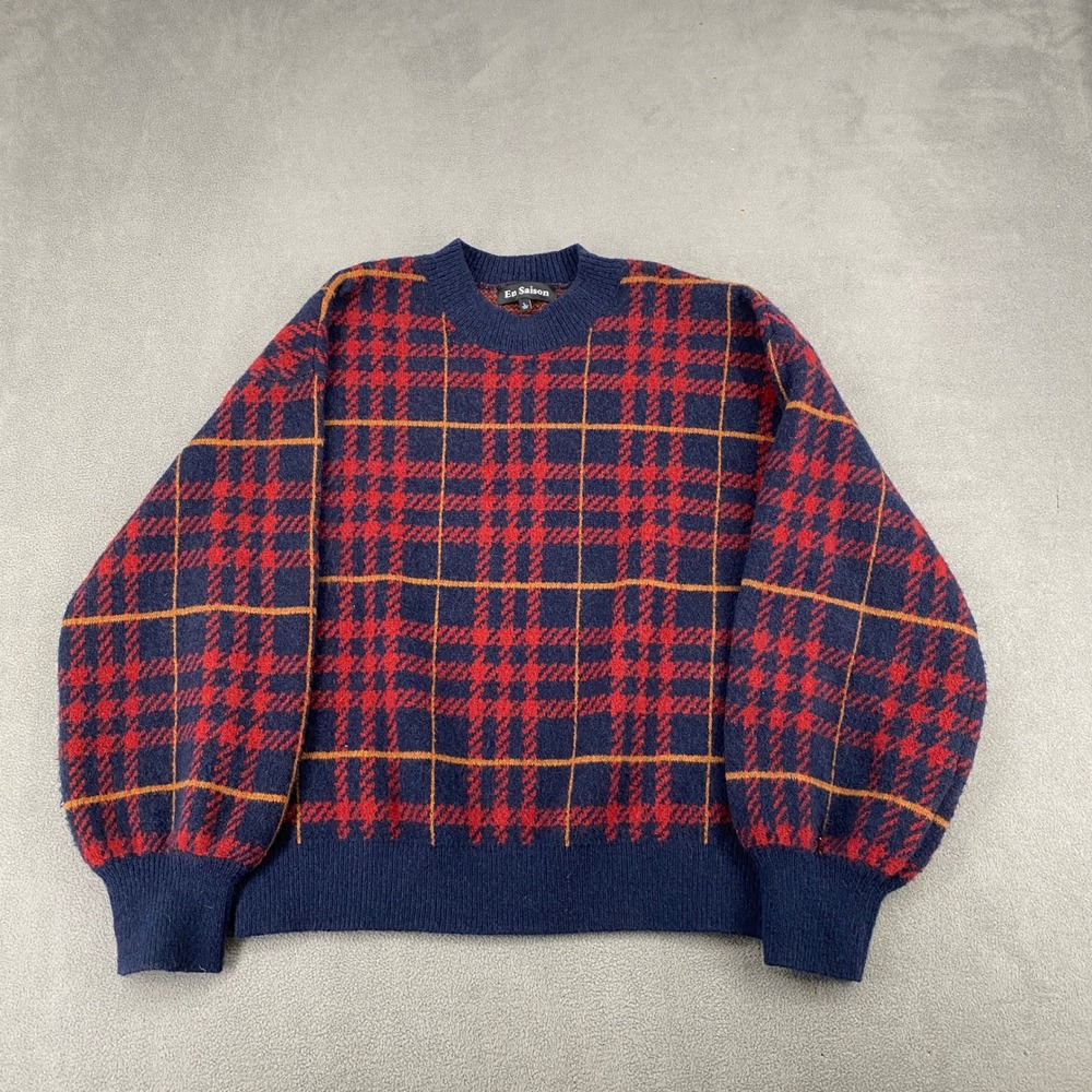 En Saison Navy Blue Red Plaid Crewneck Knit Sweater Large